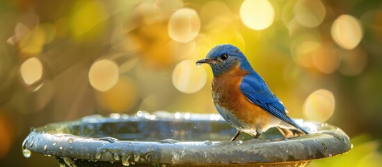 Poster - Missouri State Bluebird showcasing at a bird bath with a bokeh background in a portrait with copy space image