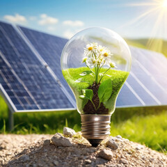 Eco-friendly light bulb with a blooming miniature green world inside,symbolizing sustainable energy and environmental protection