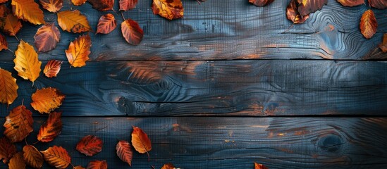 Aufkleber - Top view of a vintage wooden table with a frame of autumn leaves on the left side providing a copy space image for your design or product display
