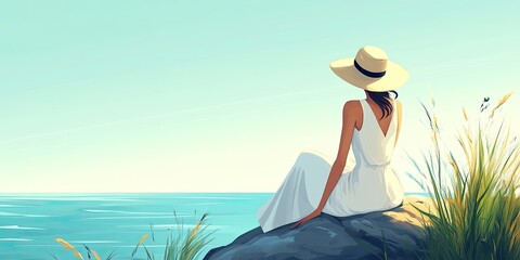 A young cartoon woman in a white skirt and a sun hat sitting on a rock by the sea Horizontal image