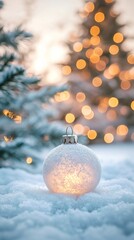 Canvas Print - Luminous christmas ornament resting on snow with christmas tree lights in background