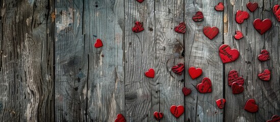 Poster - Vintage wooden backdrop with red hearts for Valentine s Day featuring copy space image
