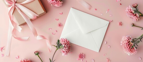Aufkleber - A white card with an envelope a gift box and flowers placed on a pink background serving as a blank copy space image