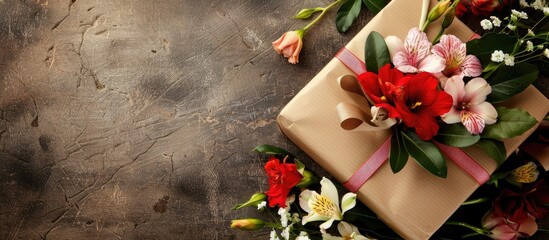 Aufkleber - A lovely arrangement of flowers accompanied by a gift in a copy space image