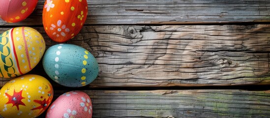 Aufkleber - Easter postcard featuring vibrant eggs on wooden backdrop providing a copy space image