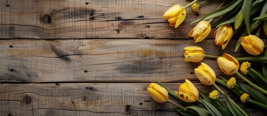 Poster - A wooden backdrop with yellow tulips perfect for a copy space image Ideal for a springtime greeting or birthday card background