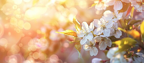 Aufkleber - Background for spring showcasing spring flowers blossom in soft focus with sunlight A lovely nature scene featuring a blooming tree and sun flare ideal as a copy space image