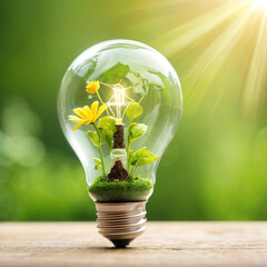 Eco-friendly light bulb with a blooming miniature green world inside,symbolizing sustainable energy and environmental protection