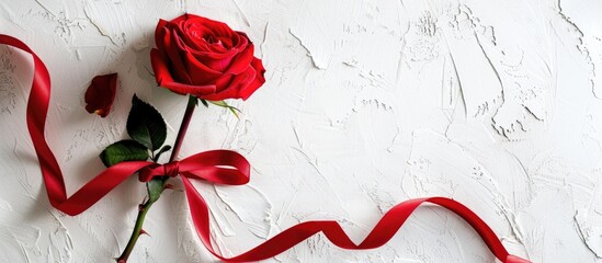 Wall Mural - A red rose adorned with a ribbon and heart on a white backdrop creating a romantic holiday and Valentine s Day theme with room for text or images. Creative banner. Copyspace image