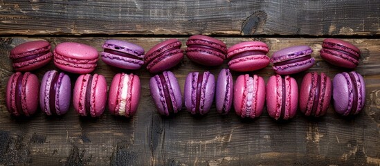 Poster - Purple and pink macaroons arranged on a vintage wooden dark background creating a decorative border in a top view flat lay setting with copy space image