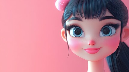 Wall Mural - 3D Cartoon Style Cute Character with Blush Brush Glamorous Makeup and Sparkling Skin Care