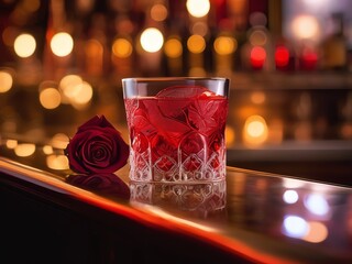 Wall Mural - An image of an ornate cocktail glass filled with a red beverage with a single red rose