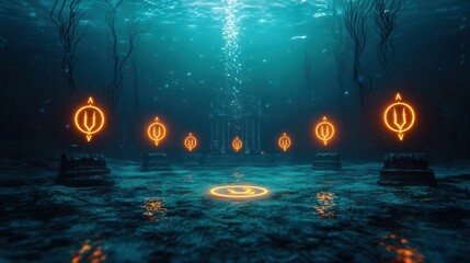 Wall Mural - Underwater Temple with Glowing Symbols.