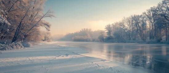 Aufkleber - Frozen river with ice covering creating a serene copy space image
