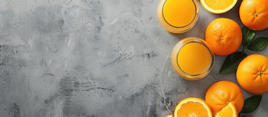Aufkleber - Overhead view of fresh oranges on a gray background with a glass of orange juice allowing for copy space image