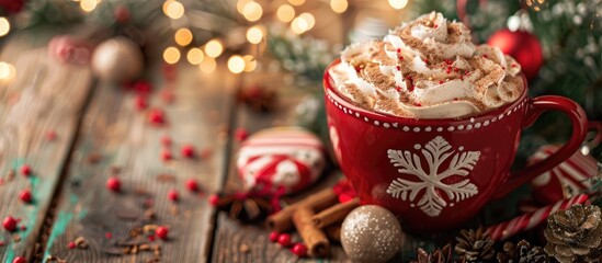 Poster - Festive holiday themed hot chocolate in a red cup with Christmas decorations and treats on a wooden backdrop Great for holiday concepts with copy space image