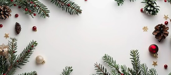 Fototapete - Top view flatlay of a Christmas themed background featuring fir tree branches pine cones and decorations on a white surface with spacious copy space image
