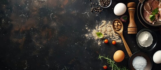 Poster - Top view of a recipe template with black background offering space for additional images or text