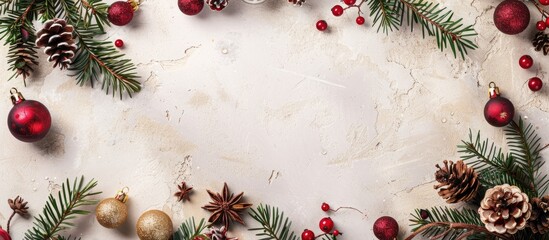 Poster - Top view of a festive Christmas themed grunge background with decorations like fir twigs berries baubles pine tree branches and cones on a light background with space for text or image insertion