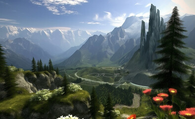 Wall Mural - there is a picture of a mountain scene with a valley and a mountain