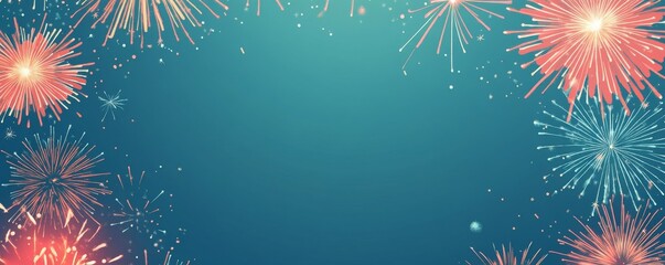 Fireworks exploding, creating a festive border on teal background