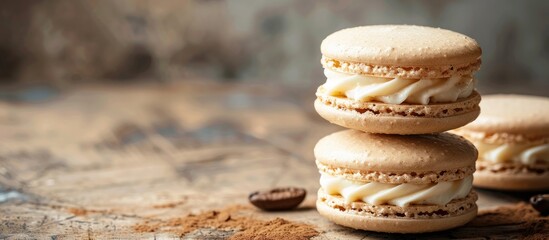 Sticker - Selective focus on traditional beige macaroons filled with white cream against a coffee background in a copy space image