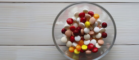 Aufkleber - Glass dish with sugar coated pills placed on a white wooden surface creating a visually appealing copy space image