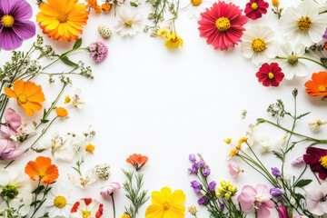 Fototapete - A frame of vibrant flowers on a white background with ample space for a greeting card.
