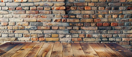 Fototapete - Copy space image with a wooden table on a cafe backdrop against a brick wall