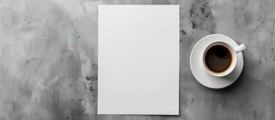 Poster - Top view of a mockup featuring blank paper and a cup of coffee on a gray concrete background perfect for adding your own content in the copy space image