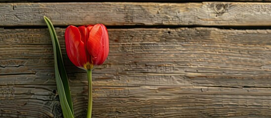 Poster - Top view of a red tulip on a rustic wooden table with a clear area for additional content or imagery like a copy space image