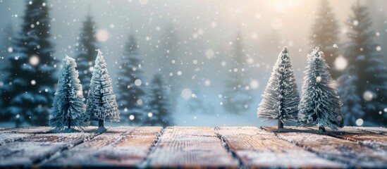 Poster - Winter landscape with snowy fir trees on a wooden table top creating a festive Merry Christmas and happy New Year greeting background suitable for copy space image