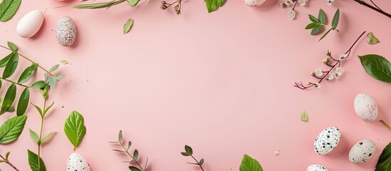 Aufkleber - Easter themed arrangement featuring eggs leaves and blank photo frame against a soft pink background with copy space image
