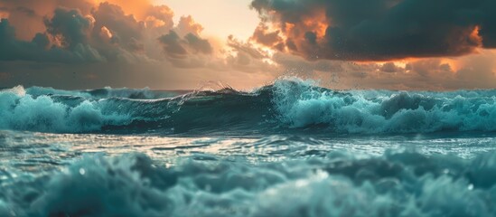 Poster - Scenic seascape at dusk with waves crashing under a beautiful cloudy sky Ideal for travel and tourism themes with a nature inspired copy space image for wallpaper design