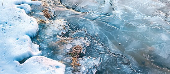 Canvas Print - Springtime river with ice and cracks ideal for a copy space image