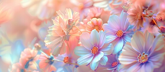 Aufkleber - Vibrant pastel flowers creating a summery floral backdrop ideal for graphic design or wallpaper with copy space image