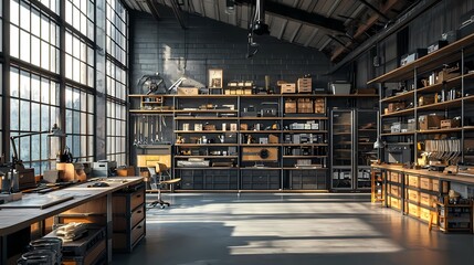 Bright, spacious workshop with shelves of tools, workbenches, and large windows creating an inspiring creative atmosphere.