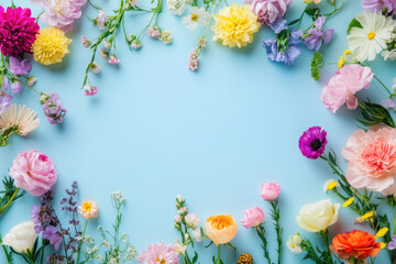 Fototapete - Colorful flowers frame a pastel blue background, perfect for springtime greeting cards.