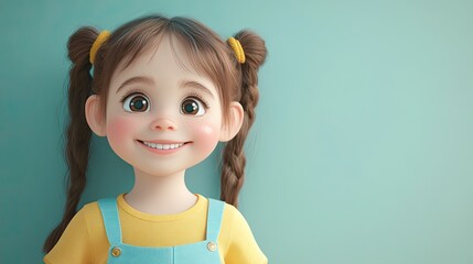 3D Cartoon Portrait of a Happy Little Girl on a Light Background