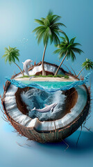 Canvas Print - there is a coconut with dolphins in it and a boat in the water