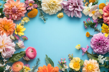 Aufkleber - Colorful flowers frame a pastel blue background, perfect for springtime greeting cards.