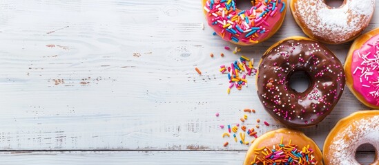 Poster - A variety of vibrant donuts displayed on a white wooden surface with icing and sprinkles some frosted with ample copy space in the top view image