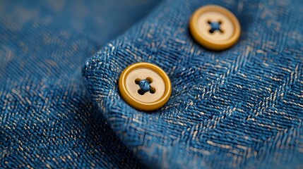 Close-up of a textured blue fabric featuring elegant button details on a shirt, showcasing craftsmanship and style.