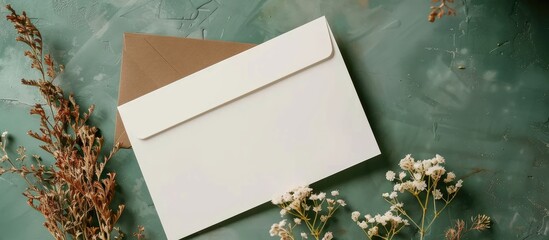 Aufkleber - Mockup featuring a white card a craft envelope and a dry flowering plant on a green surface viewed from above with space for adding images or text. Creative banner. Copyspace image