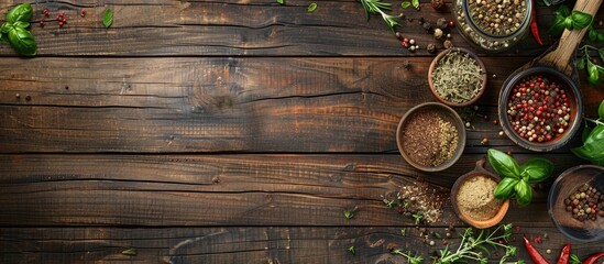 Poster - Top view of wooden table with assorted spices and herbs providing a copy space image