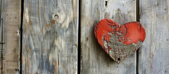 Poster - Heart shaped cutout on a wooden backdrop providing copy space image