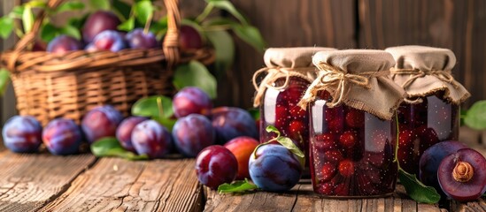 Sticker - Plum jam jars displayed on a wooden table with plums in a basket nearby creating a cozy setting for the copy space image