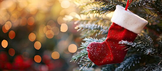 Leinwandbilder - Stocking hung on a fir tree with copy space image