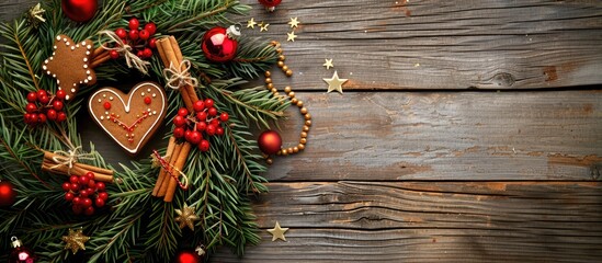 Fototapete - A rustic wooden background showcasing an Advent Christmas wreath made of natural pine a heart shaped gingerbread cookie red ornaments a cinnamon stick gold beads and star confetti all embodying a Cat