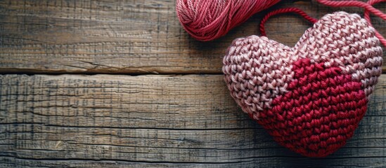 Aufkleber - Vertical Valentine s Day themed image with a crocheted pink and red heart amigurumi displayed on a wooden background next to a skein of yarn all set against a copy space